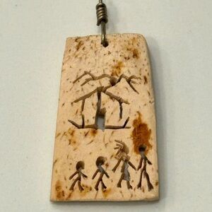 Vtg Paleolithic Carved Bone Pendant Mother Father 2 Children House Boho Tribal
